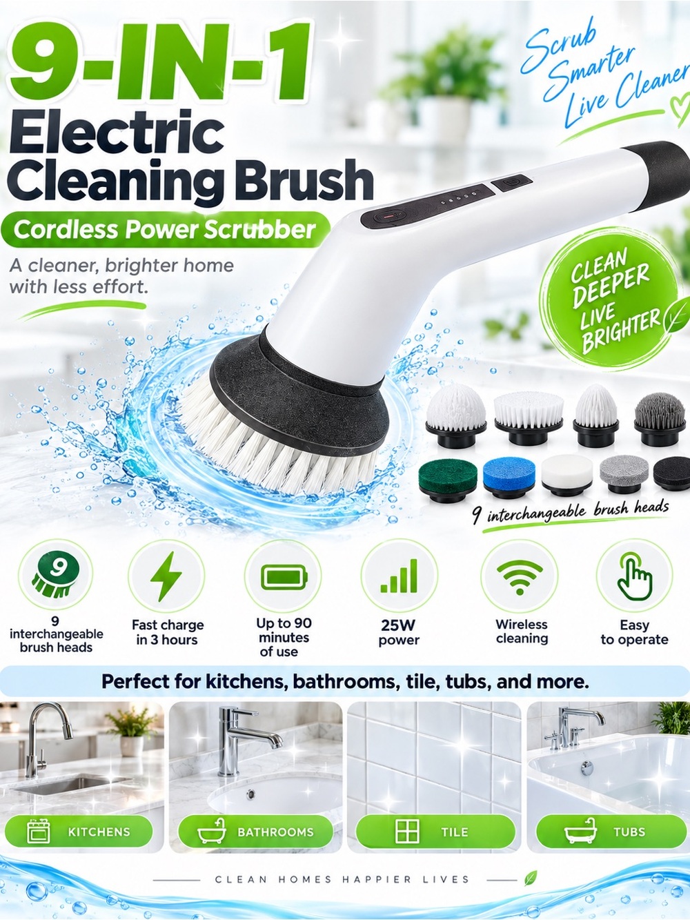 Electric Cleaning Brush Cordless Power Scrubber - White